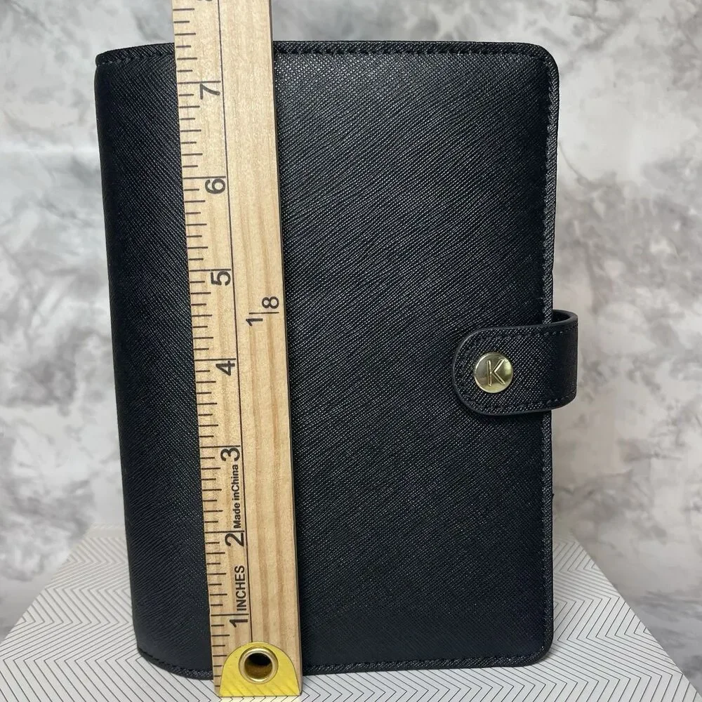 Kikki K Black Leather Personal Planner Medium Gold Snap Organizer New Boxed-READ